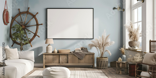 Mockup frame in living room interior background. 3d render.