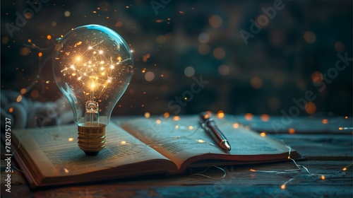 Book illuminated by light bulb, symbolizing creativity, innovation, and energy Keywords: light, inspiration, technology, design