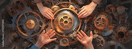 Realistic stockstyle highquality photo of three hands holding various colored gears, symbolizing the interplay between different individuals and team  photo