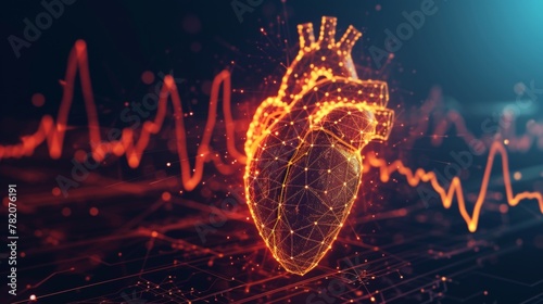 Glowing hologram of human heart organ 3D structure with dark background. #782076191
