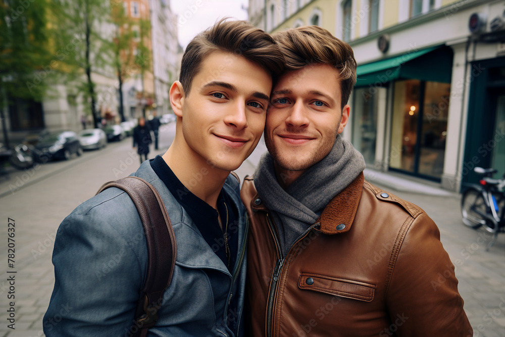 AI generated picture of two men traveling walking city street together AI generated picture of two men traveling walking city street together