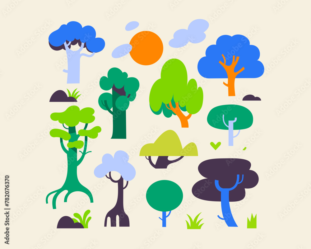 Layered Vector Tree Landscape Repeat Pattern Illustration