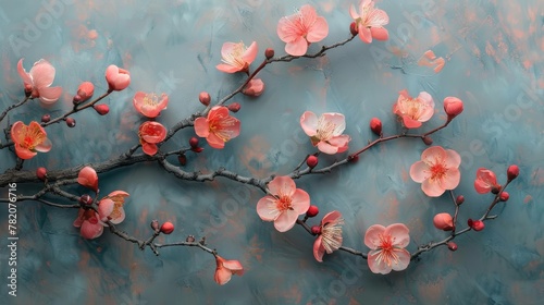 Vibrant Tree Branch with Blooming Flowers and Artistic Overlays Generative AI
