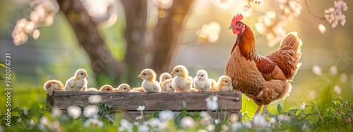 Mother hen with little chickens in rural yard. Hen guides her brood of tiny chicks in green paddock. Free range chicken on traditional poultry farm. Organic farming, back to nature concept photo