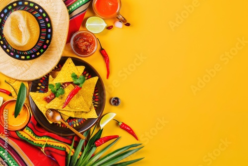 Cinco de Mayo celebration concept. Top flat lay photo of mexican sombrero colorful poncho maracas tequila shots lime chili pepper nacho chips sauce salsa on yellow background with with generative ai