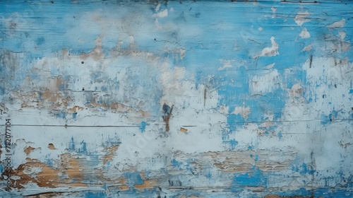 the old weathered peeling paint is blue on the wall. Close-up, background, texture