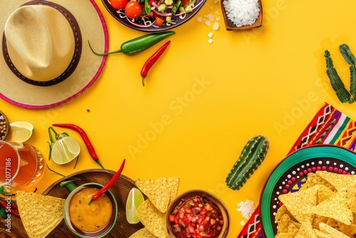 Cinco de Mayo celebration concept. Top flat lay photo of mexican sombrero colorful poncho maracas tequila shots lime chili pepper nacho chips sauce salsa on yellow background with with generative ai