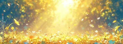 yellow table top with forest background, leaves falling from the sky, sunlight rays photo