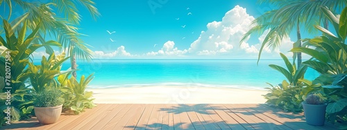 Luxurious podium on tropical beach with palm trees and blue ocean background, sunset sky with clouds. Panoramic stage for product presentation © Photo And Art Panda