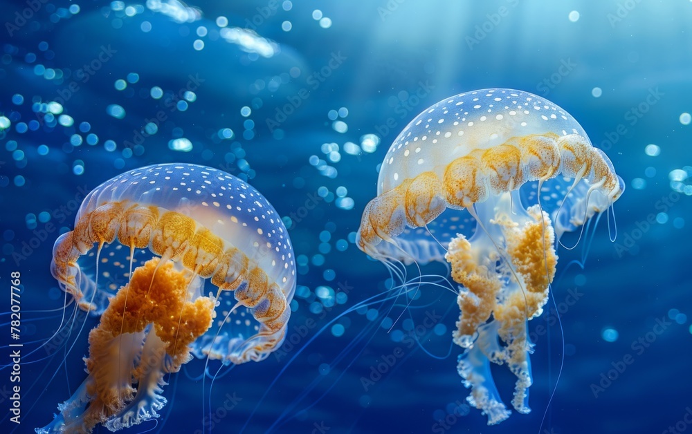Two bioluminescent jellyfish float in the fluid world of the underwater sky Two bioluminescent jellyfish float in the fluid world of the underwater sky