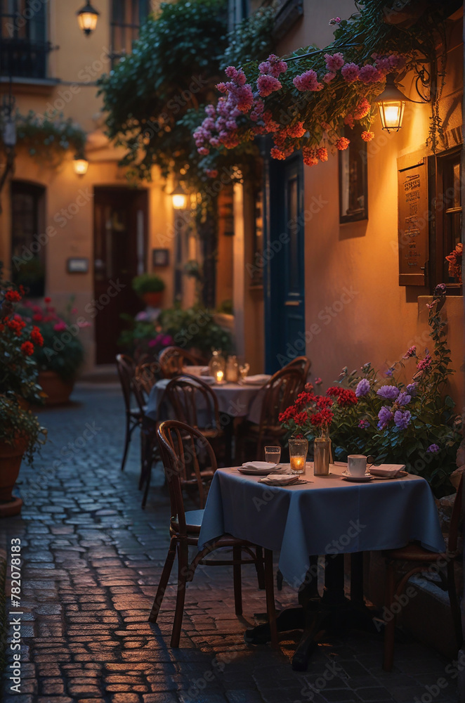 Coffee Shop, Bossa Nova style, cute tables outside, cobblestone road, flowers, daytime, cinematic lighting, moody, realism
