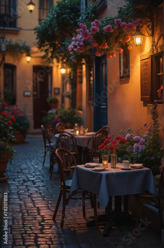 Coffee Shop  Bossa Nova style  cute tables outside  cobblestone road  flowers  daytime  cinematic lighting  moody  realism