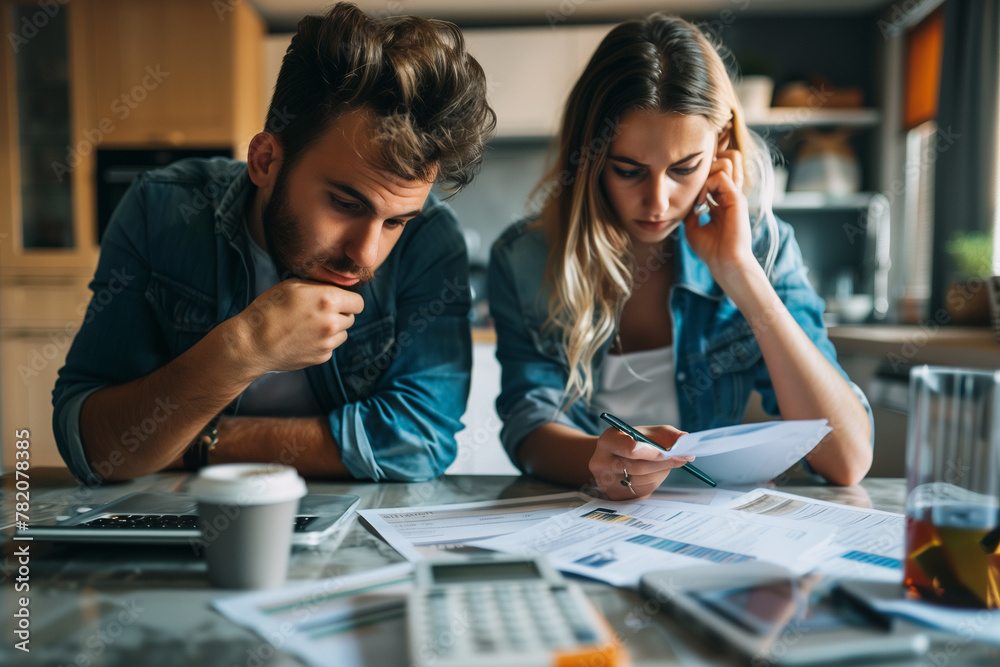 © Patcharaphon - Stressed young Caucasian couple calculating monthly expenses at home. Financial, debt and accounting