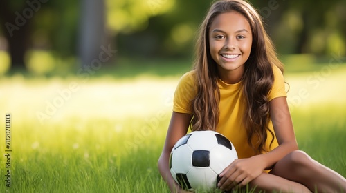 Joyful girl kneeling on the grass with a soccer ball in a sunny park © Miva