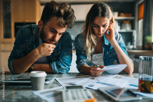 Stressed young Caucasian couple calculating monthly expenses at home. Financial, debt and accounting