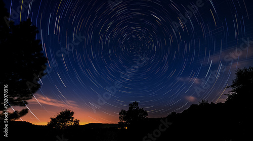 Long exposure photography capturing the mesmerizing circular star trails in the night sky above a twilight landscape.