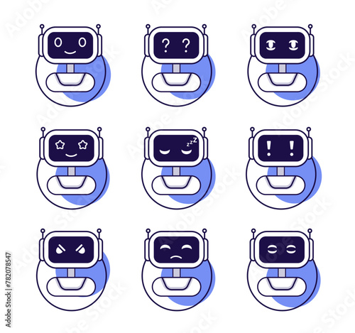 Robot emotion set. Line chatbot avatar. Chatbot character head with different feelings.  Digital assistant. Icon vector. 