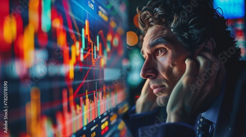 Distressed businessman facing a declining stock market graph in a dark trading room.