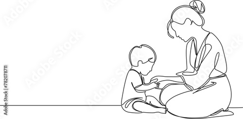 continuous single line drawing of mother an toddler playing on floor, line art vector illustration