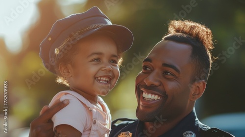 Portrait of a male police officer with a little child