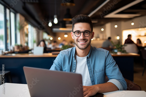 Generative AI photo of smiling handsome man teacher in cafe