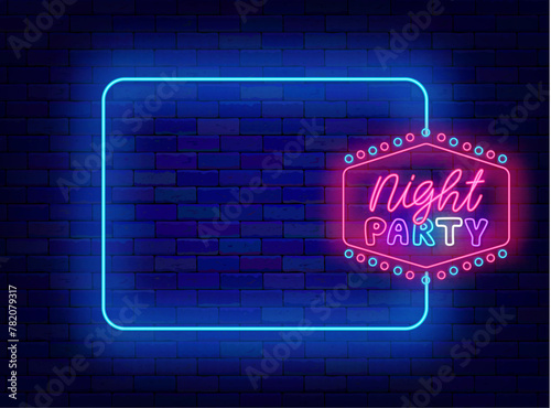 Night party neon invitation. Vintage design. Dance show. Greeting card. Empty blue frame and typography. Event banner. Glowing flyer. Editable stroke. Vector stock illustration