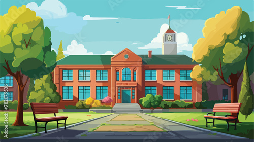 School building outside with yard elements. Cartoon