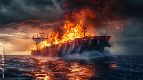 Large general cargo ship for logistic import export goods in lot of fire and smoke and explosion at sea , accident in middle of ocean, cloudy sky , loss of containers, sea storm