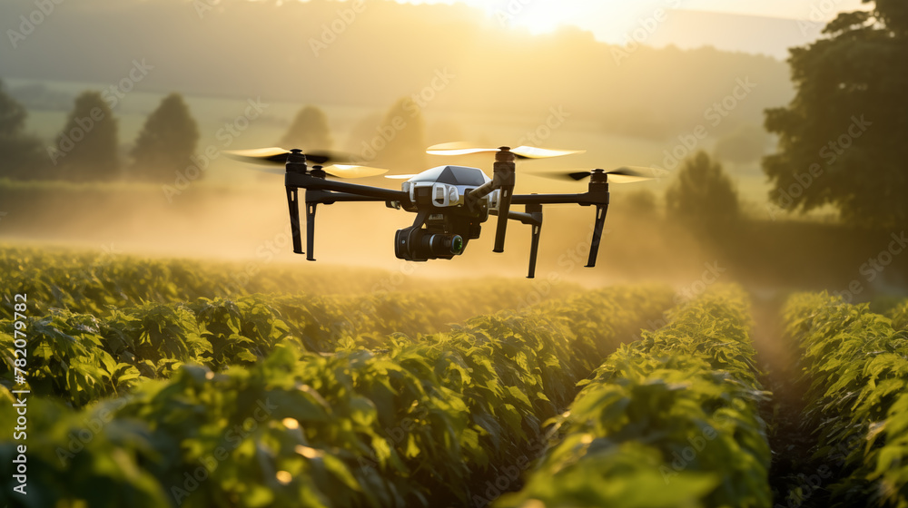 Professional drone flies over crop field at dawn ai generated closeup image
