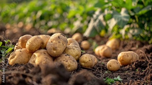 Young yellow potato on brown ground Fresh Organic Potatoes