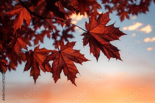 maple tree leaves during sunset. generative ai.