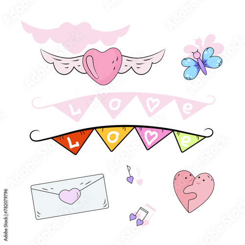 Love set. Cartoon illustrations with heart elements