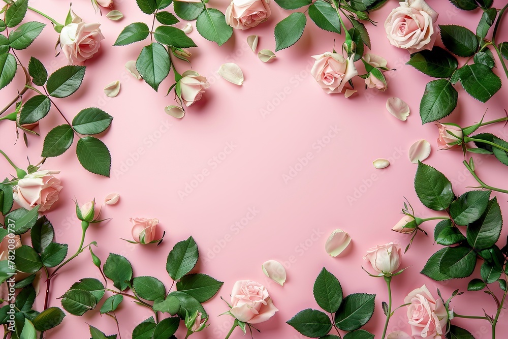 Banner with frame made of rose flowers and green leaves on a pink background. Springtime composition with copyspace with generative ai Banner with frame made of rose flowers and green leaves on a pink background. Springtime composition with copyspace with generative ai
