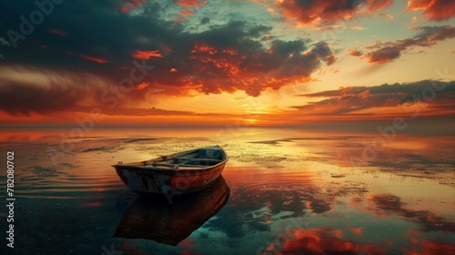 A boat is sitting on the water at sunset, AI