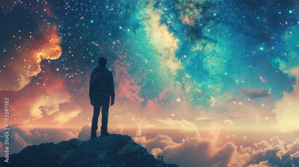 A man standing on a rock looking up at the stars, AI A man standing on a rock looking up at the stars, AI