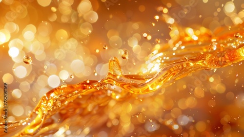 A close up of a liquid with bubbles and shiny gold background, AI