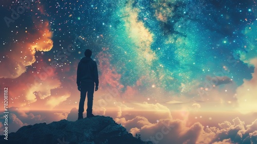 A man standing on a rock looking up at the stars, AI