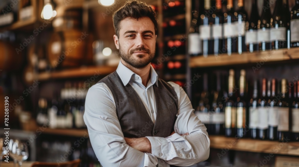 A man standing in front of a bar with wine bottles, AI A man standing in front of a bar with wine bottles, AI