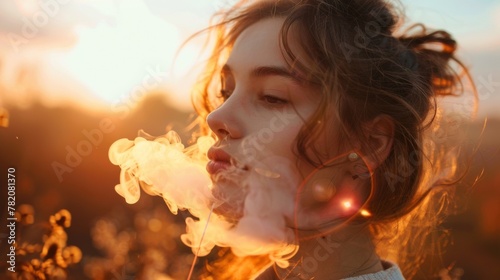 A woman blowing smoke out of her mouth in a field, AI