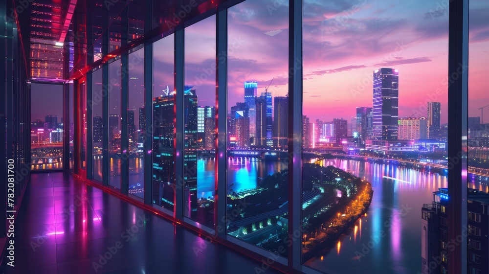 A city skyline lit up at night from a window in an office building, AI
