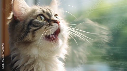 cute and funny tabby white cat sticking out tongue licking invisible window glass pane with copy space
