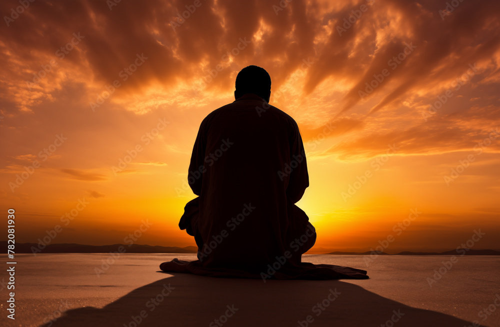 Prayer concept. Silhouette of a person in a praying pose. Set against a vibrant sunset sunrise sky. Clasped hands. Also related to revelation, purity, compassion, integrity, courage, peace, freedom