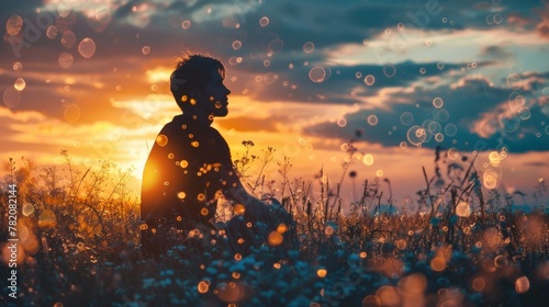 A person sitting in a field with bubbles around them  AI