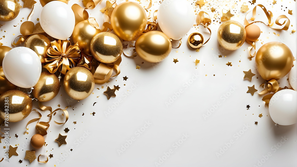 Golden and white balloons with matching ribbons, stars, and confetti symbolize celebration and festive occasions Golden and white balloons with matching ribbons, stars, and confetti symbolize celebration and festive occasions