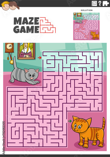 maze activity with cute cartoon kittens characters