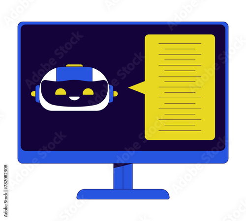 Chatbot AI computer display 2D linear cartoon object. Artificial intelligence messenger bot isolated line vector element white background. Voice to text software color flat spot illustration © The img