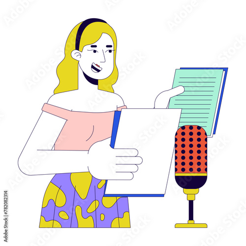 Blonde woman voiceover artist 2D linear cartoon character. Caucasian female voice actor isolated line vector person white background. Microphone talk. Dubbing service color flat spot illustration
