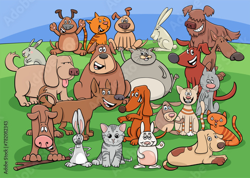 funny dogs and cats and rabbits cartoon characters group