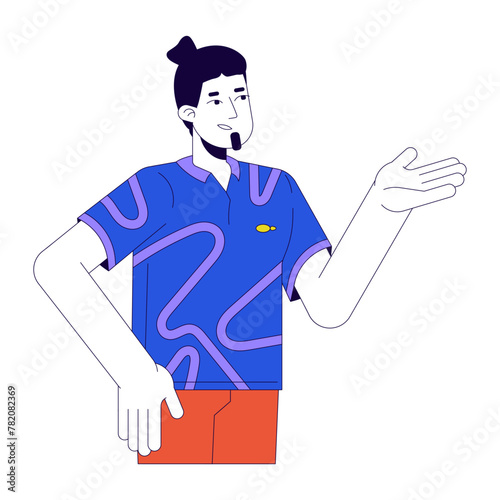 Caucasian guy making suggestion 2D linear cartoon character. Discussion participating man isolated line vector person white background. Indicative gesture, explaining color flat spot illustration