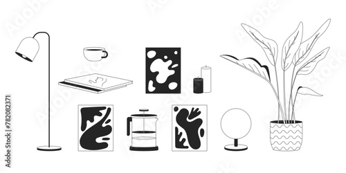 Supplies for home interior design black and white 2D line cartoon objects set. Domestic accessories isolated vector outline items collection. House design monochromatic flat spot illustrations